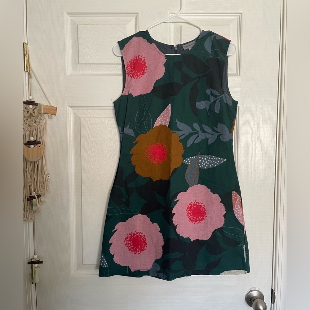 Anthropologie Conditions Apply Dark Green Floral Mini Shift Dress Size SP Linen
